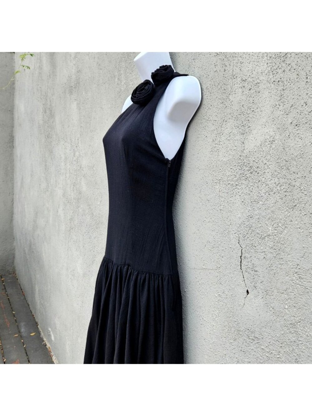 Vintage Georges Rech Paris Black One Shoulder Drop Waist Dress Rosette S - Picture 2 of 15